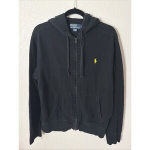 Polo Ralph Lauren Hoodie Sweatshirt Size L Black Zip Up Yellow Pony